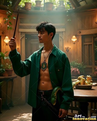 Standing in a wooden room, a man in an unbuttoned green shirt raises a slender wand