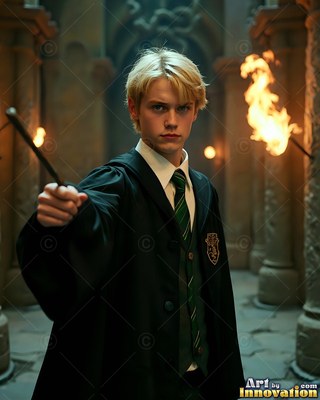 A blond young man in a black robe points his wand down a torchlit stone hall