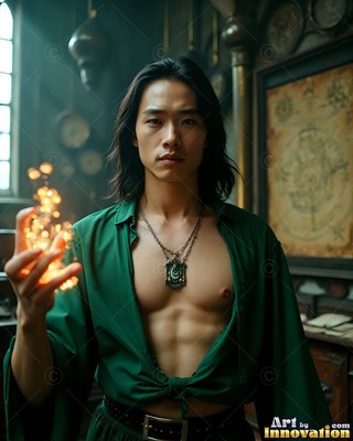 In a dim study, a man with an open green shirt holds bright sparks in his hand