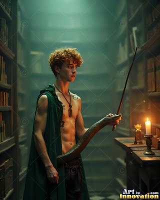 A bare-chested young guy grips a wand and snake in a library