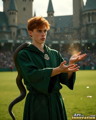 Green hooded robe on a red-haired young man with a snake on his back in a grassy courtyard