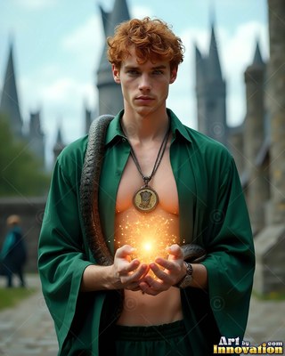 A red-haired man holds bright yellow sparks in his hands wearing an unfastened green gown