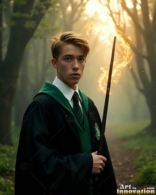 Facing forward in a misty forest, a young man in green robes holds a fiery wand