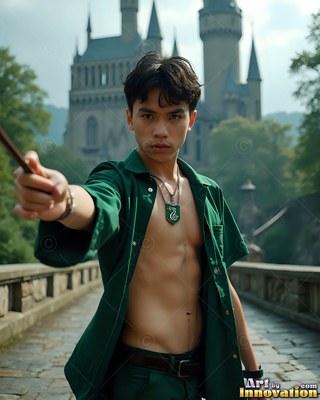 A young man wearing an unbuttoned green shirt points a wand on a bridge by a castle