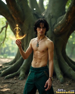 Before a thick tree, a shirtless man holds a golden spark in dark green pants