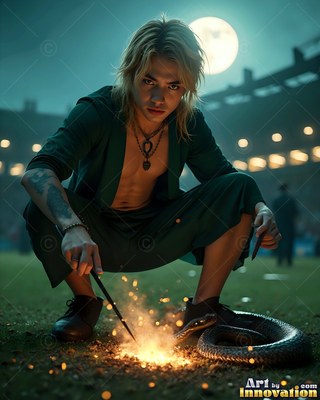 Crouching on grass, a blond man points a wand at a small fire beside a snake