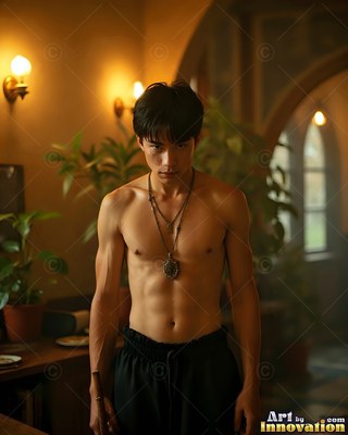 A bare-chested young man stands in a warm hallway