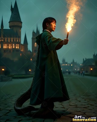 Wearing a dark green robe, a young man raises a torch on a stone path near a castle courtyard