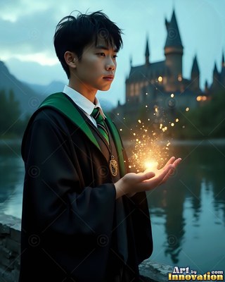 A young man in black robes holds bright sparks by a lake at dusk