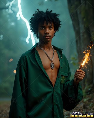 Facing forward in a dark forest, a man holds a sparking wooden wand