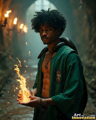 A young man in an open loose green robe holds fire in his hands with a snake on his neck
