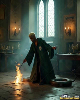 In a stone room, a young man wearing a green robe points a wand at fire near a snake