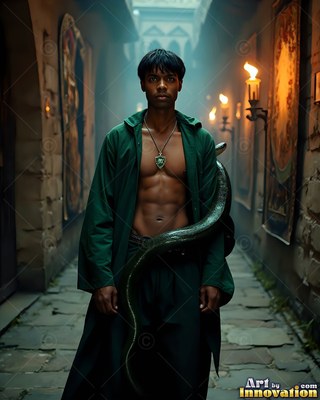 Standing in a stone hallway, a bare-chested man wears a parted green gown with a snake coiled on him