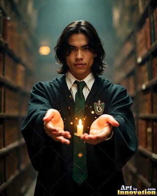 Man in a dark robe holding a lit candle between his hands in a library