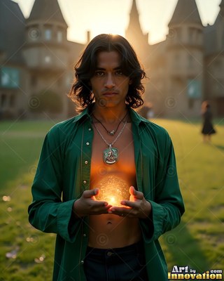 Wearing an unfastened green shirt, a young man grips a bright orb before a castle yard