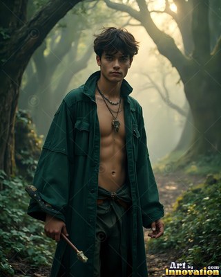 A young man stands on a forest path in an unbuttoned green coat under soft morning light