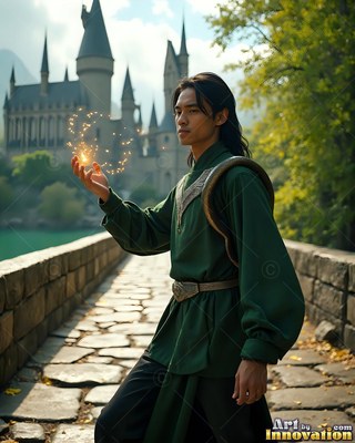Standing on a bridge, a man with a green tunic holds sparks by a castle