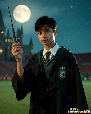 A young man in a dark green gown holds up a wand under a full moon