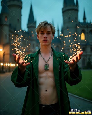 Outside a castle, a bare-chested young man in an open green coat holds up bright sparks