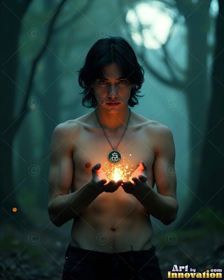 Holding warm sparks in his cupped hands, a bare-chested man stands in a dark forest