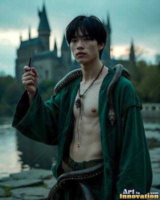 Young man wearing an open deep green robe holding a wand by a lake