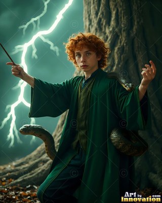Green robes drape over a young man holding a wand by a tree as lightning flashes
