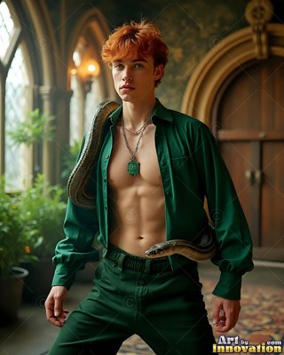 A young man wears an open dark green shirt with a snake coiled on his body in soft hall light
