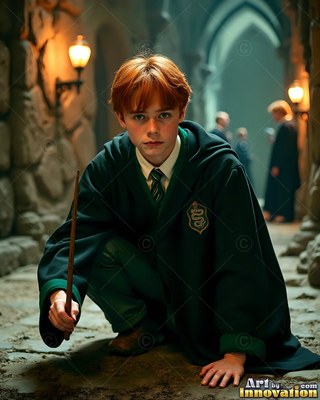 Crouching low in a stone hallway, a red-haired man with a green gown holds a wand