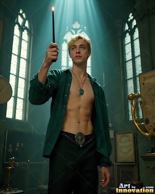 A blond shirtless man holds up a wand inside a dark stone room