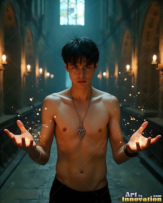 In a stone hallway, a young man with no shirt cradles his hands out with sparks in the air