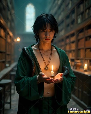 Holding a candle, a dark-haired man wearing an unbuttoned green robe stands with a snake on his arm