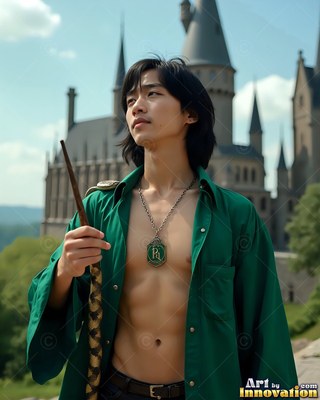 A young man with no shirt in a green shirt holds a wand outside a castle