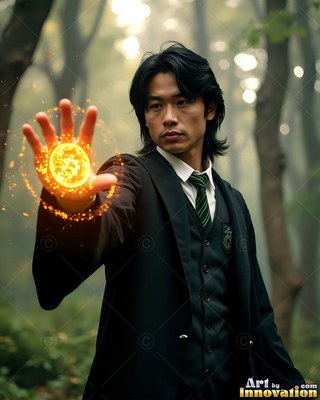 Wearing a dark uniform and green tie, a man holds bright yellow sparks in a misty forest