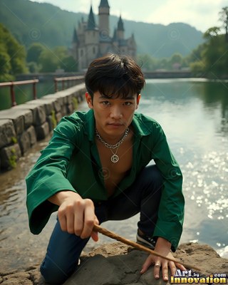 A young man crouches with a wooden wand by a sunny lake in front of a castle