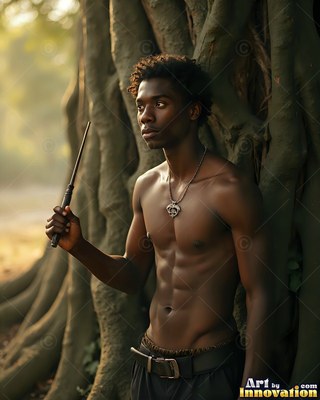 Standing half-turned by a thick tree, a man with no shirt holds a dark wand in the forest