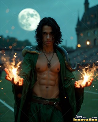 A bare-chested man in an open deep green robe holds sparks with a snake around his neck