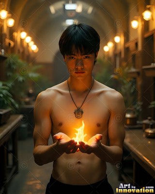 In a dim hallway, a shirtless young man holds a small fire in his cupped hands