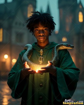 Holding a snake in his cupped hands, a young man in green robes stands in a courtyard