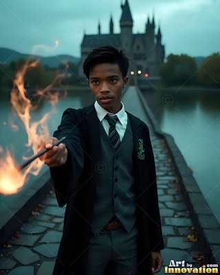 A young man in a black robe casts fire from a wand near a castle