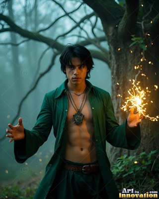 Wearing an open loose green robe, a young man cradles bright sparks in a foggy woods