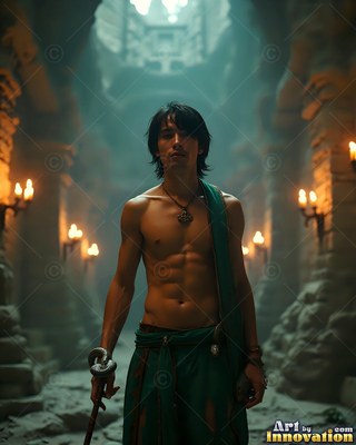 A shirtless man holds a snake staff in a stone hall lit by yellow torches