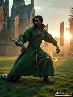 Crouching on castle grass, a Black man in green robes holds a snake