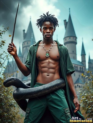 A shirtless man holding a wand has a black snake wrapped around him near a castle