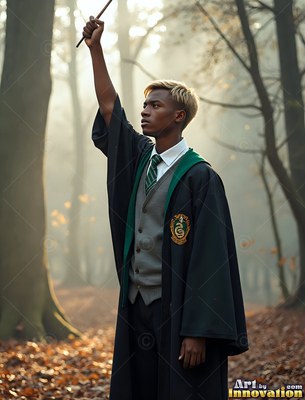 In a foggy forest, a man in a black school robe raises a wand overhead