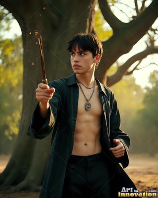 Holding a wand, a young man stands in an open dark coat among trees