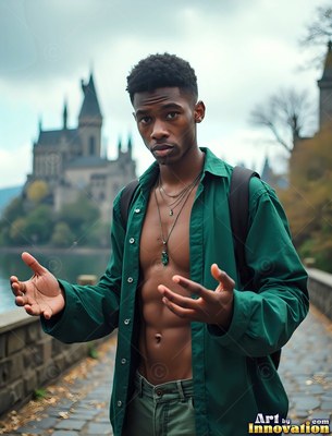 Young man wearing an unbuttoned green shirt before a castle lake
