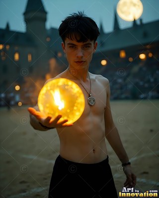 Shirtless with a pendant, a young man cradles a bright yellow orb outside a dark castle courtyard