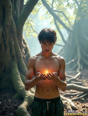 A man with no shirt cups his hands around a pendant that shines with bright orange light