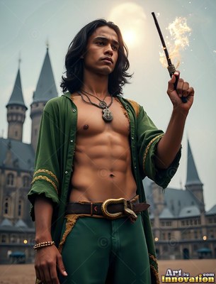 Standing in a castle courtyard, a shirtless man in green robes holds a sparking wand