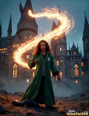 A man in a long green robe stands by a castle as a swirl of fire curls around him
